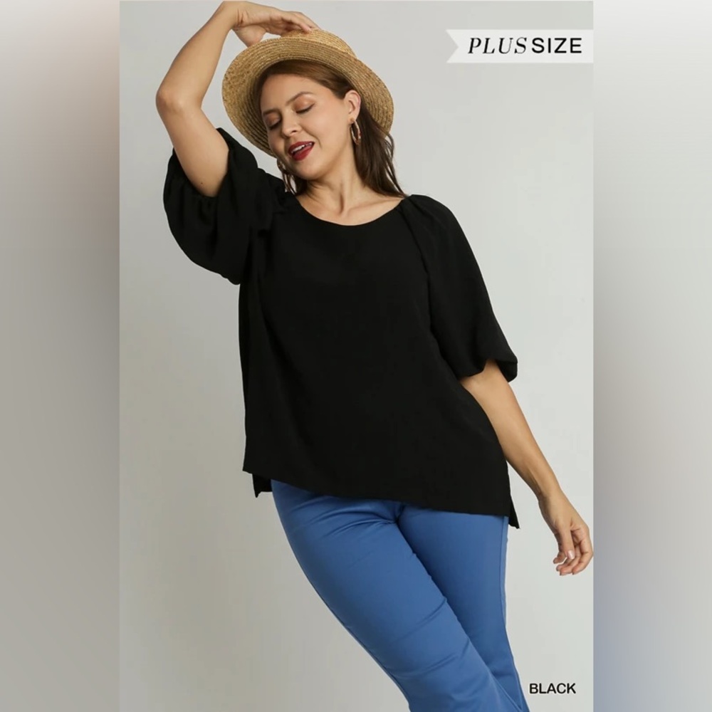 🆕 Umgee Woven Boxy Cut Round Neck Bubble Sleeve Top with Side Slits